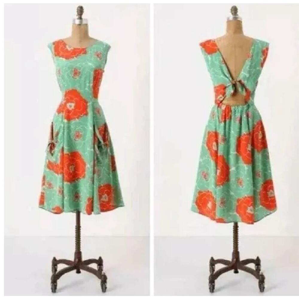 Anthropologie Mint Dress with Orange Floral Print
